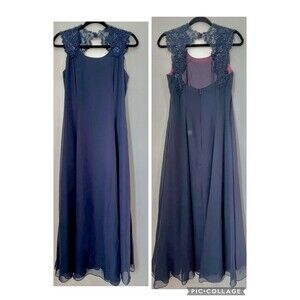 Scott McClintock Formal Dress Gown Navy Blue Chiffon  Floral Beading Women’s 10